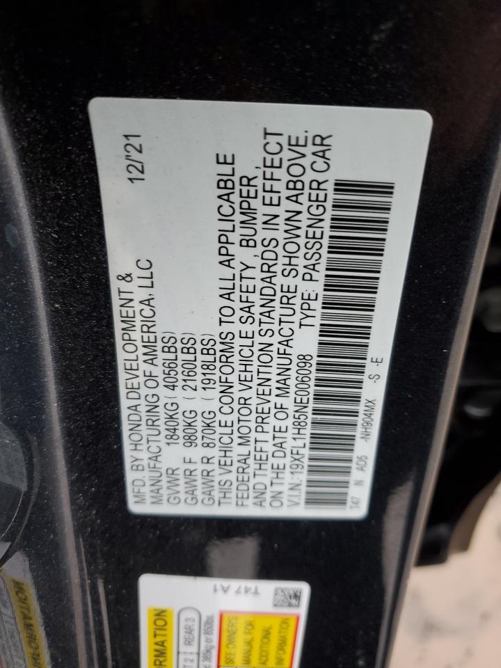 2022 HONDA CIVIC SPORT TOURING VIN:19XFL1H85NE006098