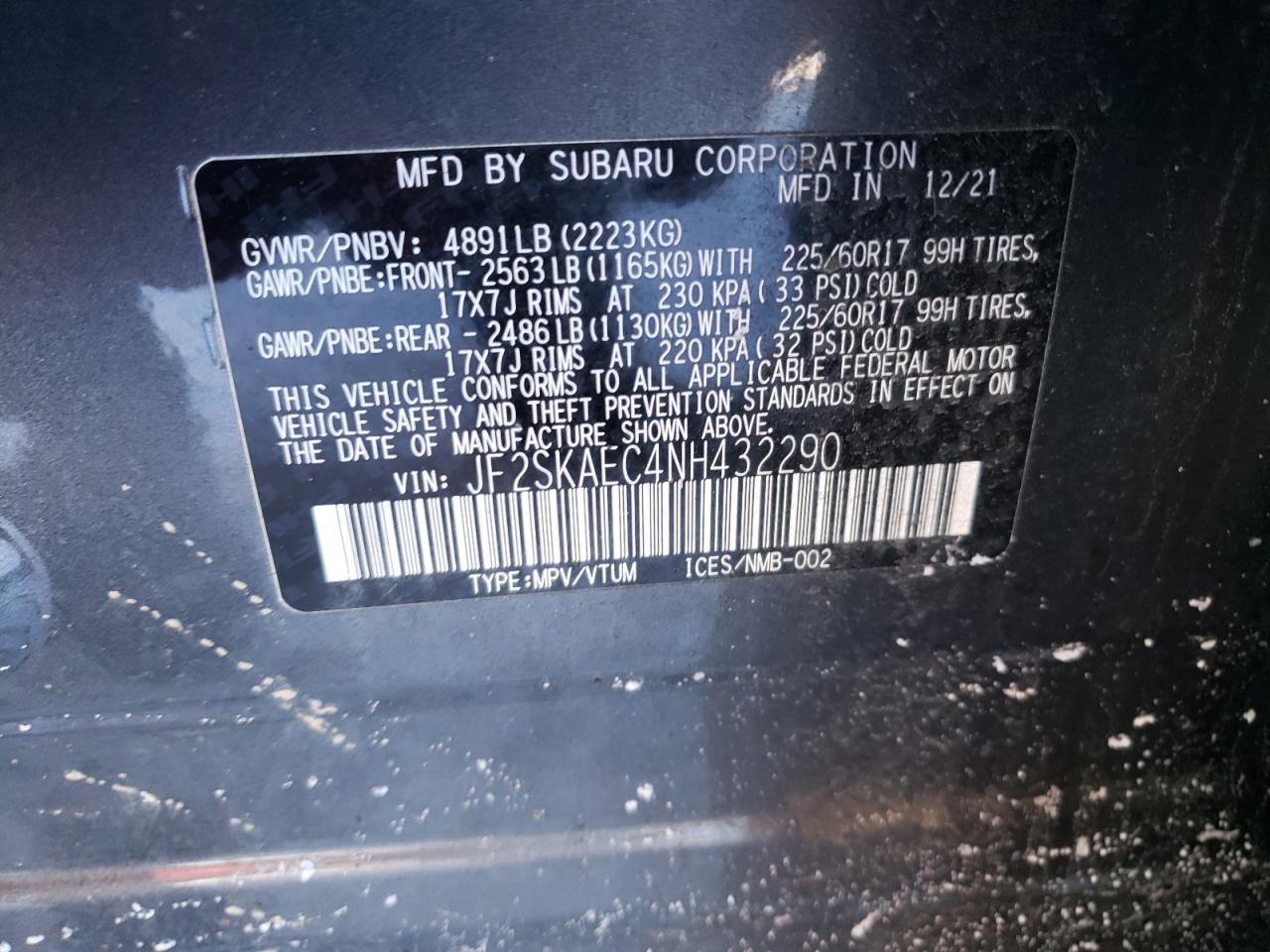 2022 SUBARU FORESTER PREMIUM VIN:JF2SKAEC4NH432290