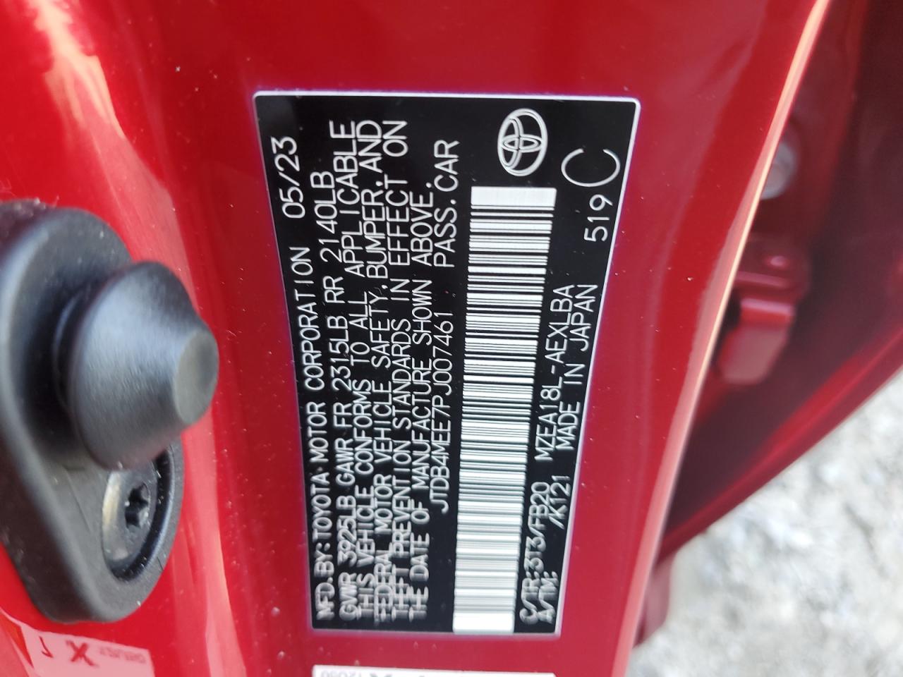 2023 TOYOTA COROLLA LE VIN:JTDB4MEE7PJ007461