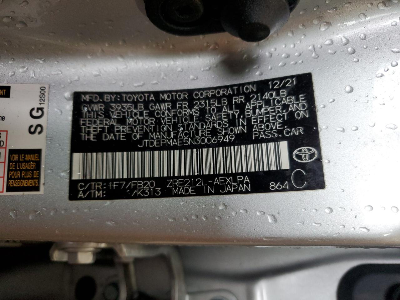 2022 TOYOTA COROLLA LE VIN:JTDEPMAE5N3006949