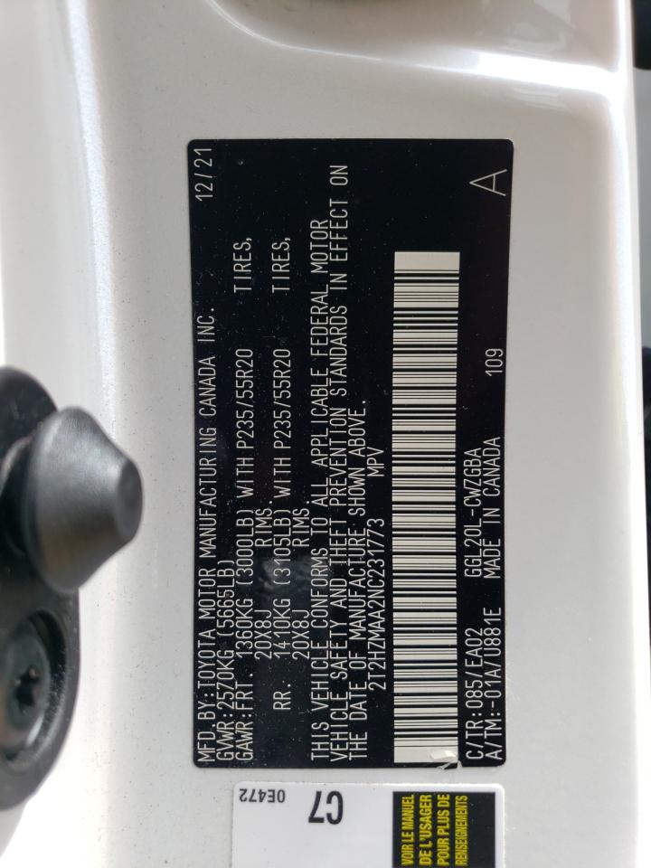 2022 LEXUS RX 350 VIN:2T2HZMAA2NC231773