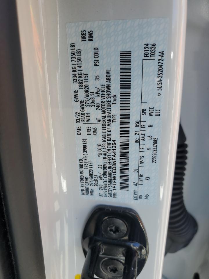 2022 FORD F150 SUPERCREW VIN:1FTFW1ED8NFA41264
