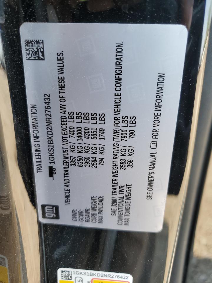 2022 GMC YUKON SLT VIN:1GKS1BKD2NR276432
