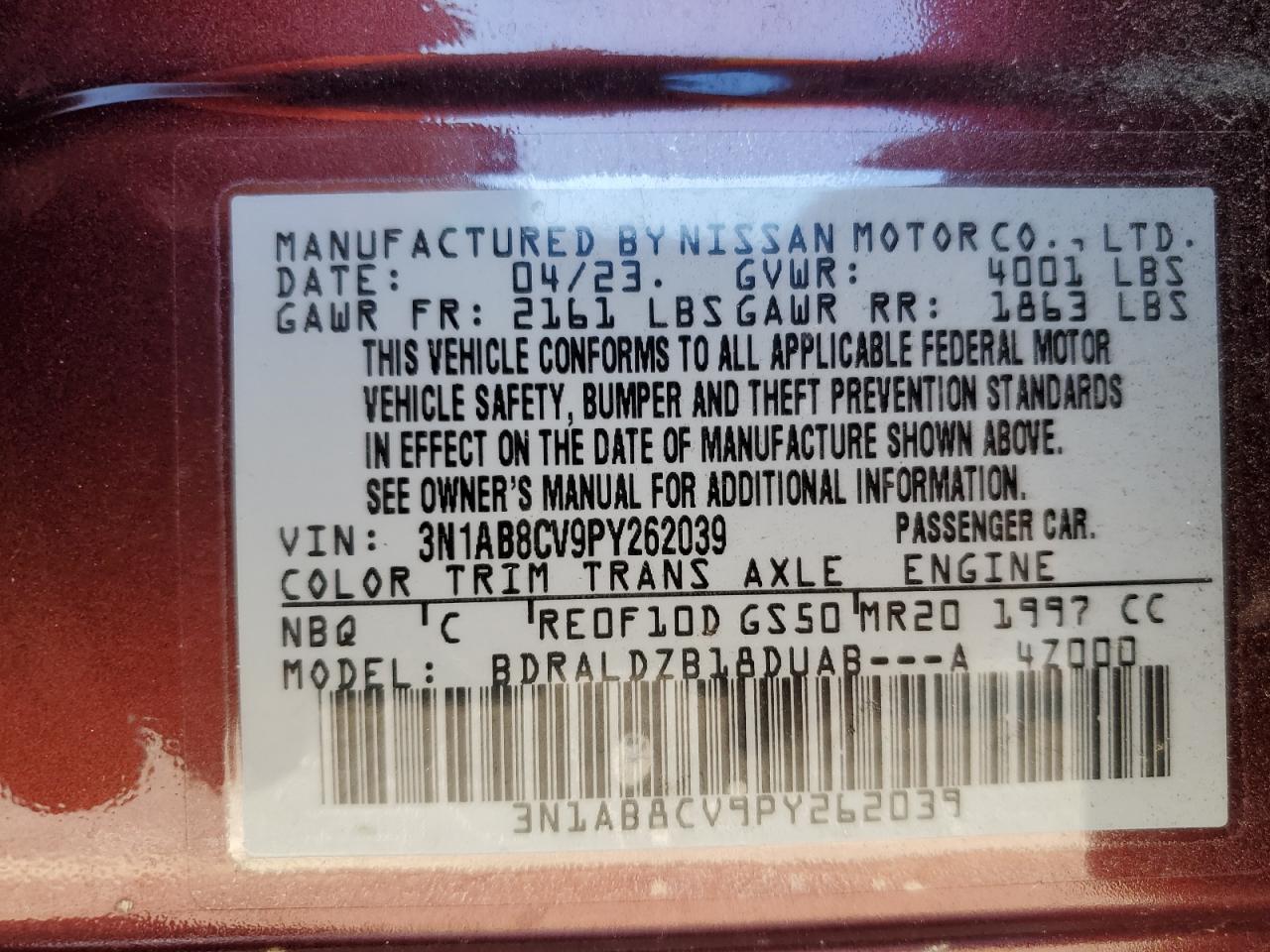 2023 NISSAN SENTRA SV VIN:3N1AB8CV9PY262039