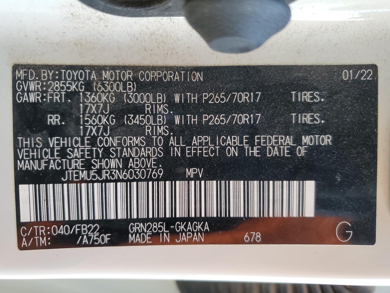 2022 TOYOTA 4RUNNER SR5/SR5 PREMIUM VIN:JTEMU5JR3N6030769