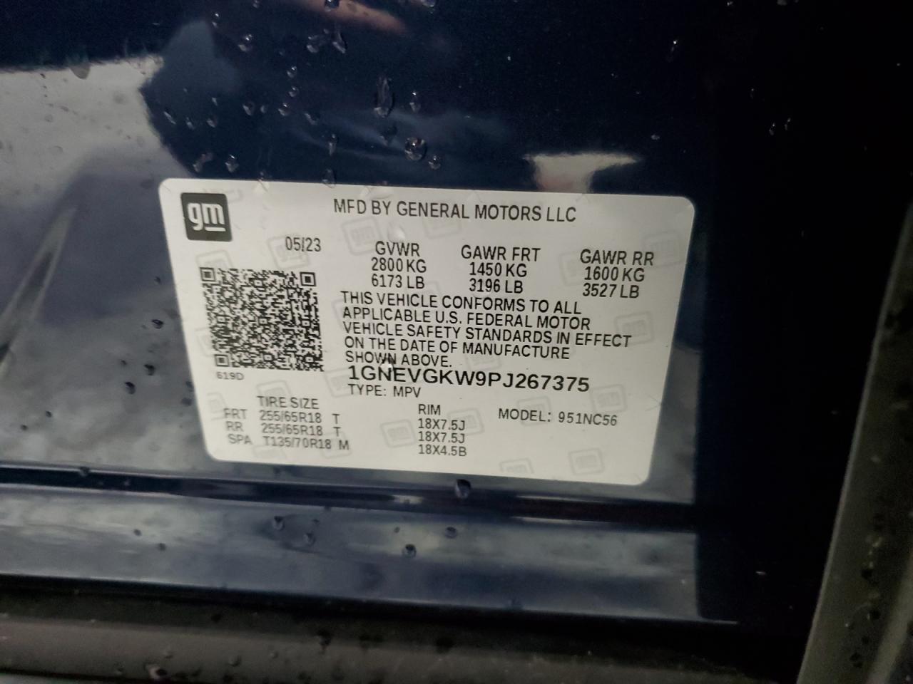 2023 CHEVROLET TRAVERSE LT VIN:1GNEVGKW9PJ267375