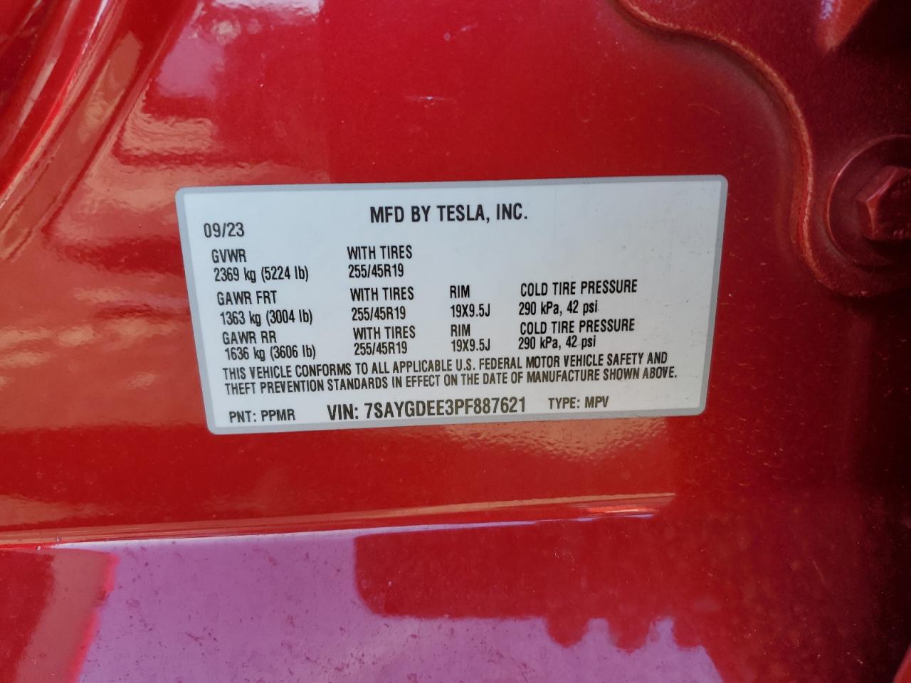 2023 TESLA MODEL Y VIN:LLP1GKBF4P1090576