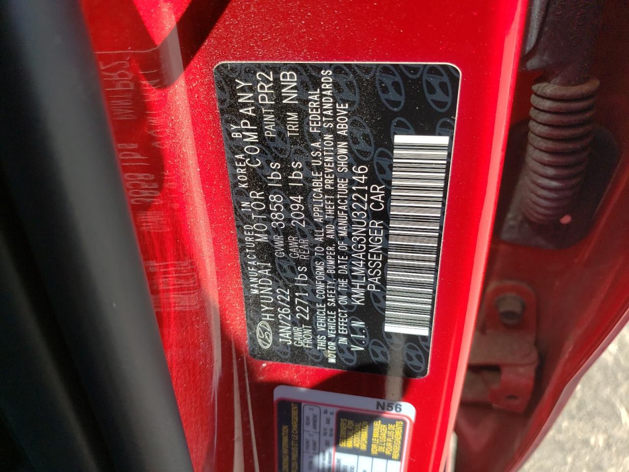 2022 HYUNDAI ELANTRA SEL VIN:KMHLM4AG3NU322146