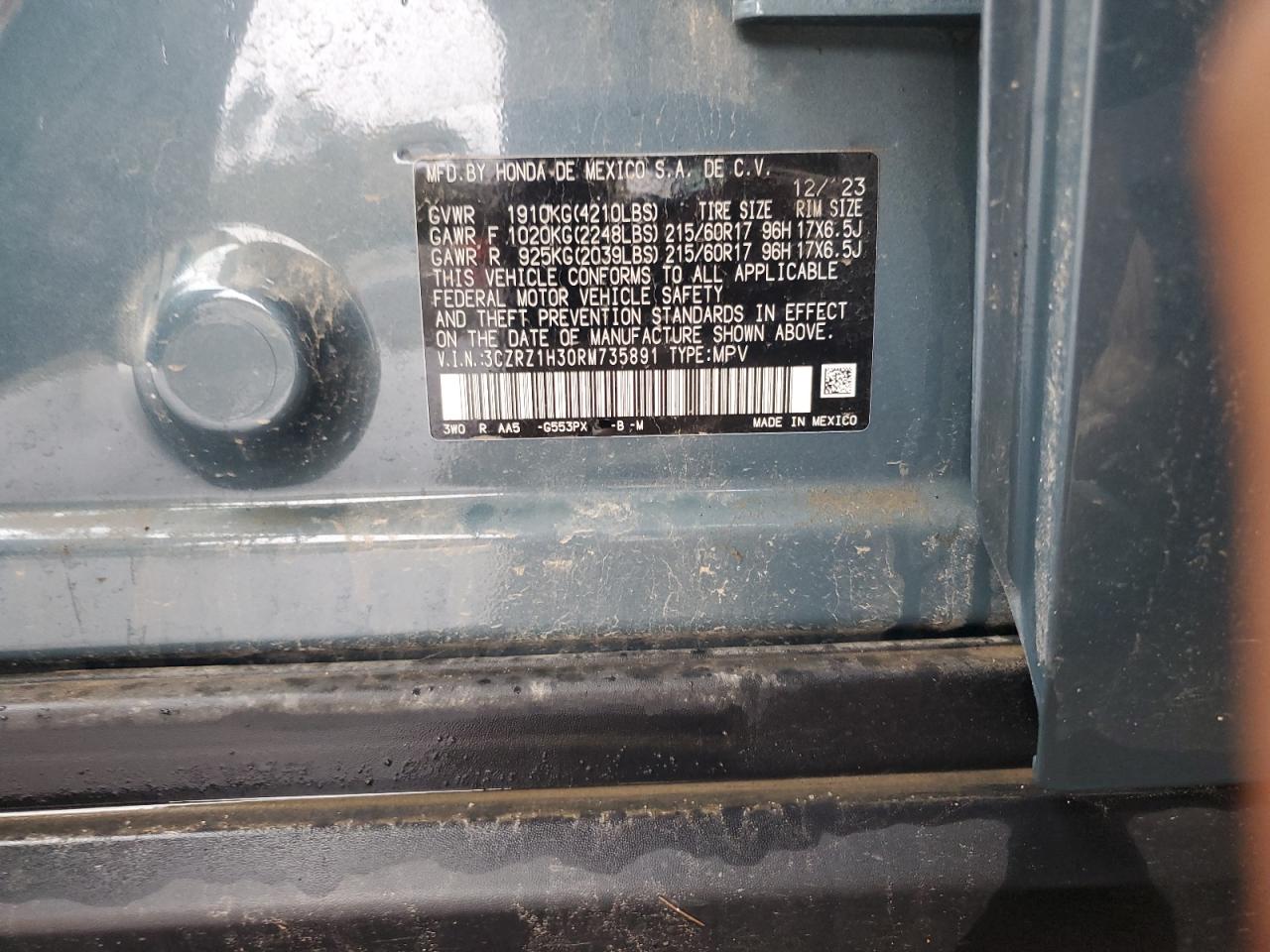 2024 HONDA HR-V LX VIN:3CZRZ1H30RM735891