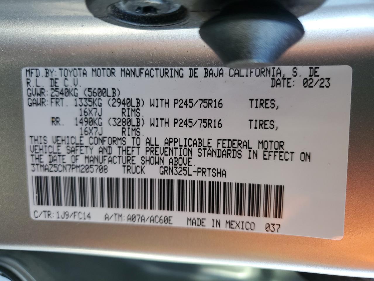 2023 TOYOTA TACOMA DOUBLE CAB VIN:3TMAZ5CN7PM205708