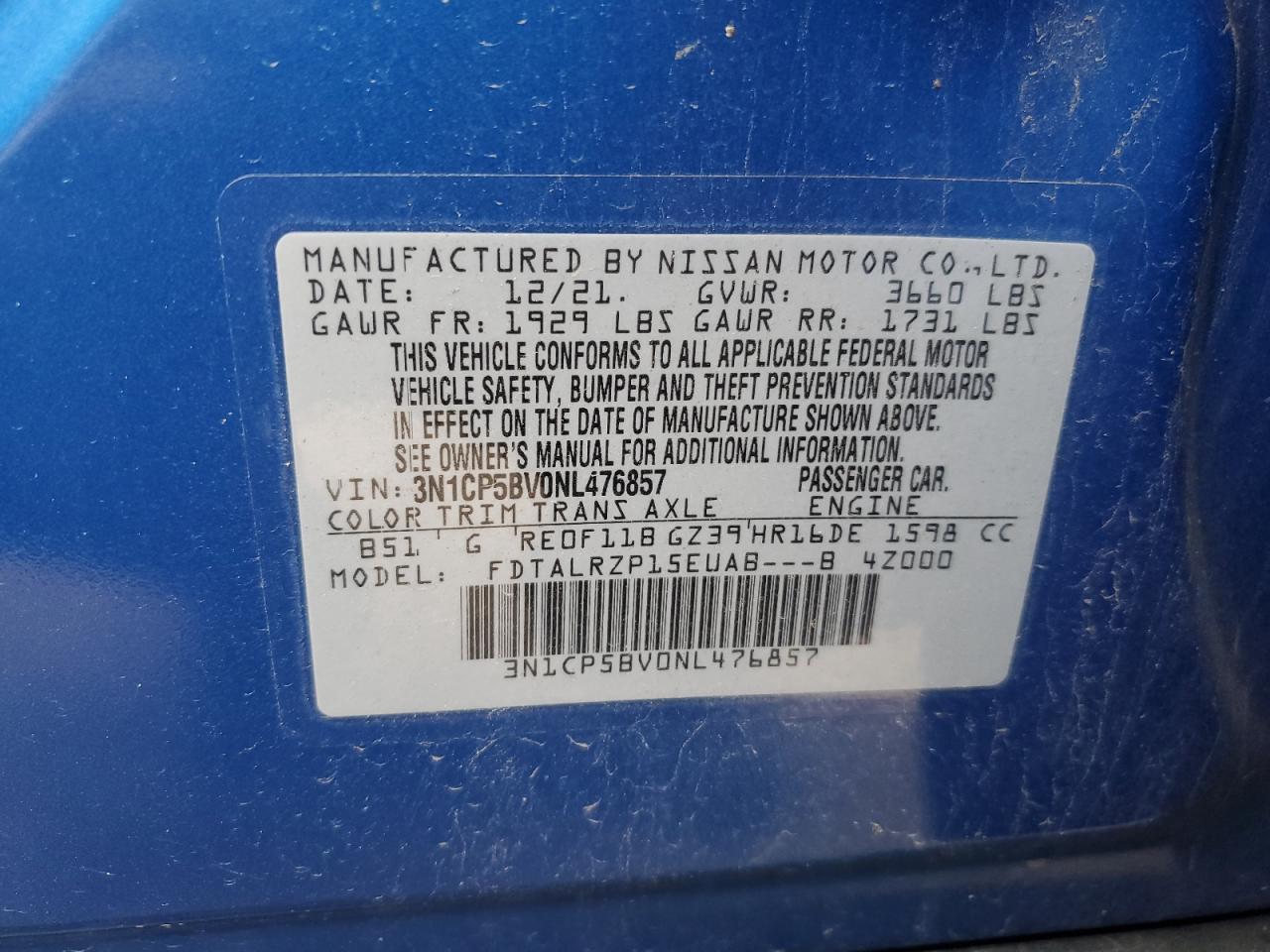 2022 NISSAN KICKS S VIN:3N1CP5BV0NL476857