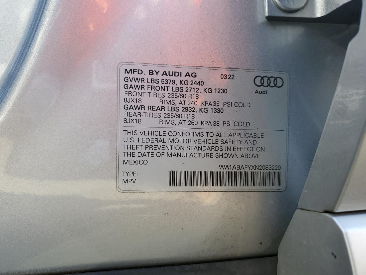 2022 AUDI Q5 PREMIUM 40 VIN:WA1ABAFYXN2083220