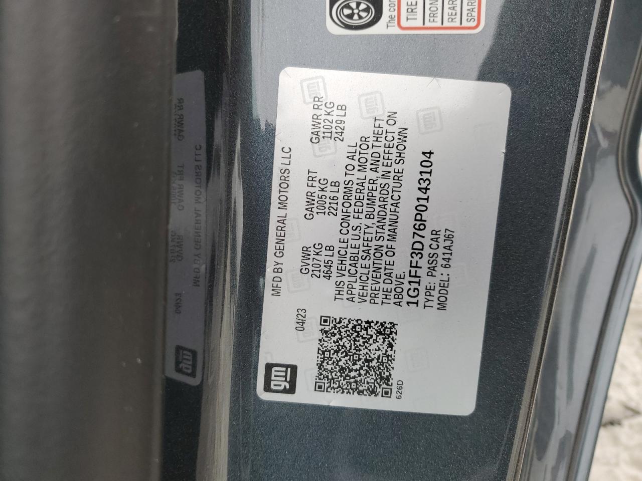 2023 CHEVROLET CAMARO LT1 VIN:1G1FF3D76P0143104