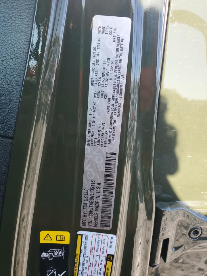 2022 JEEP GLADIATOR SPORT VIN:1C6HJTAG9NL135116