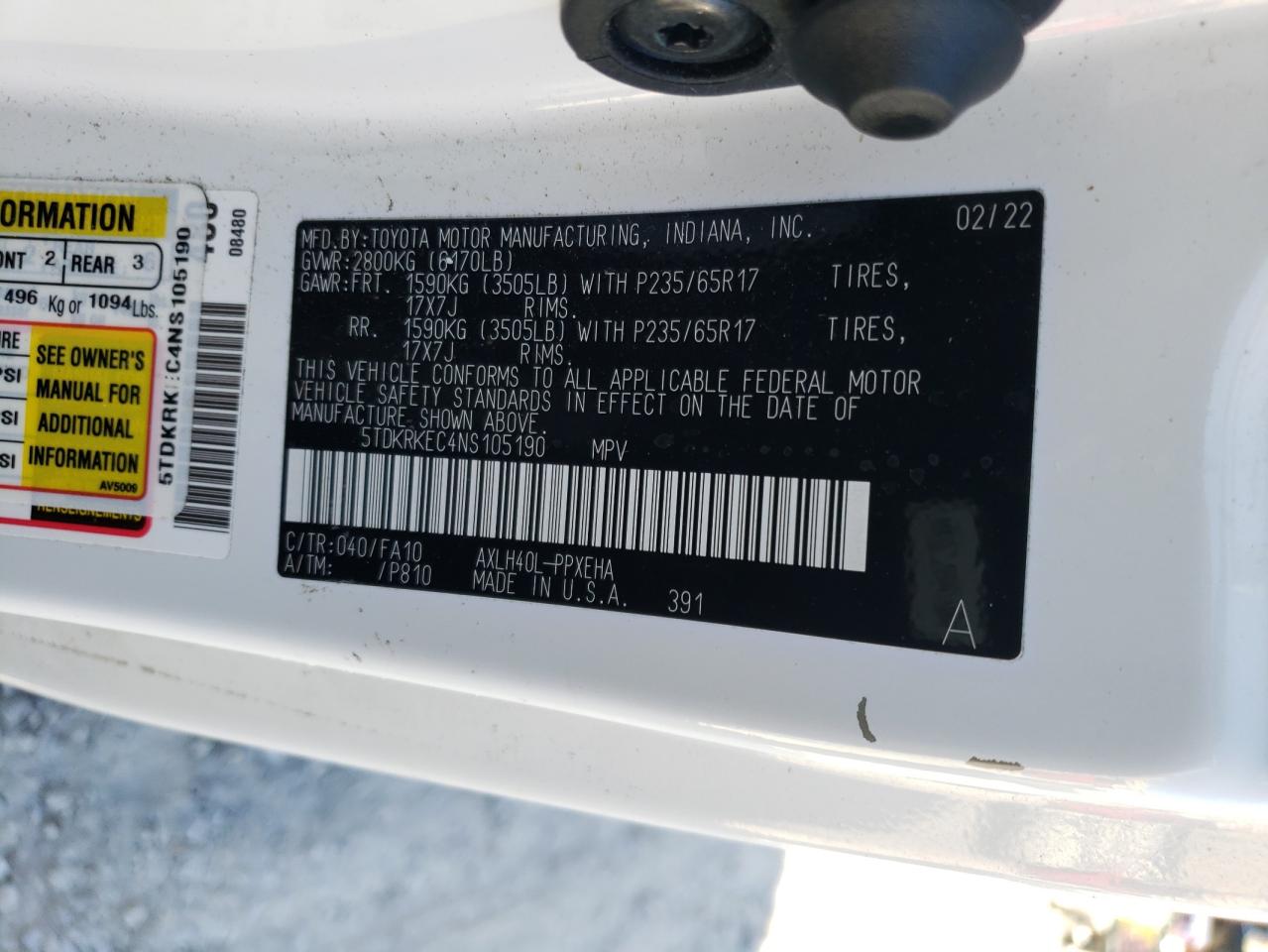 2022 TOYOTA SIENNA LE VIN:5TDKRKEC4NS105190