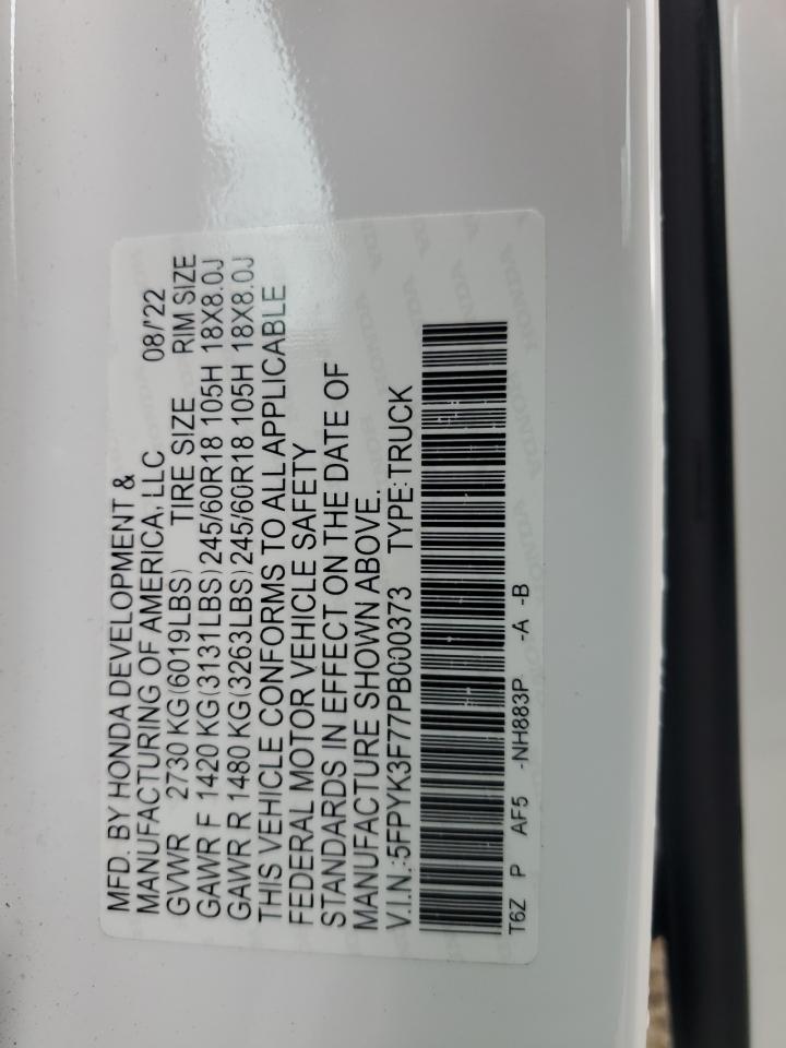 2023 HONDA RIDGELINE RTL-E VIN:5FPYK3F77PB000373