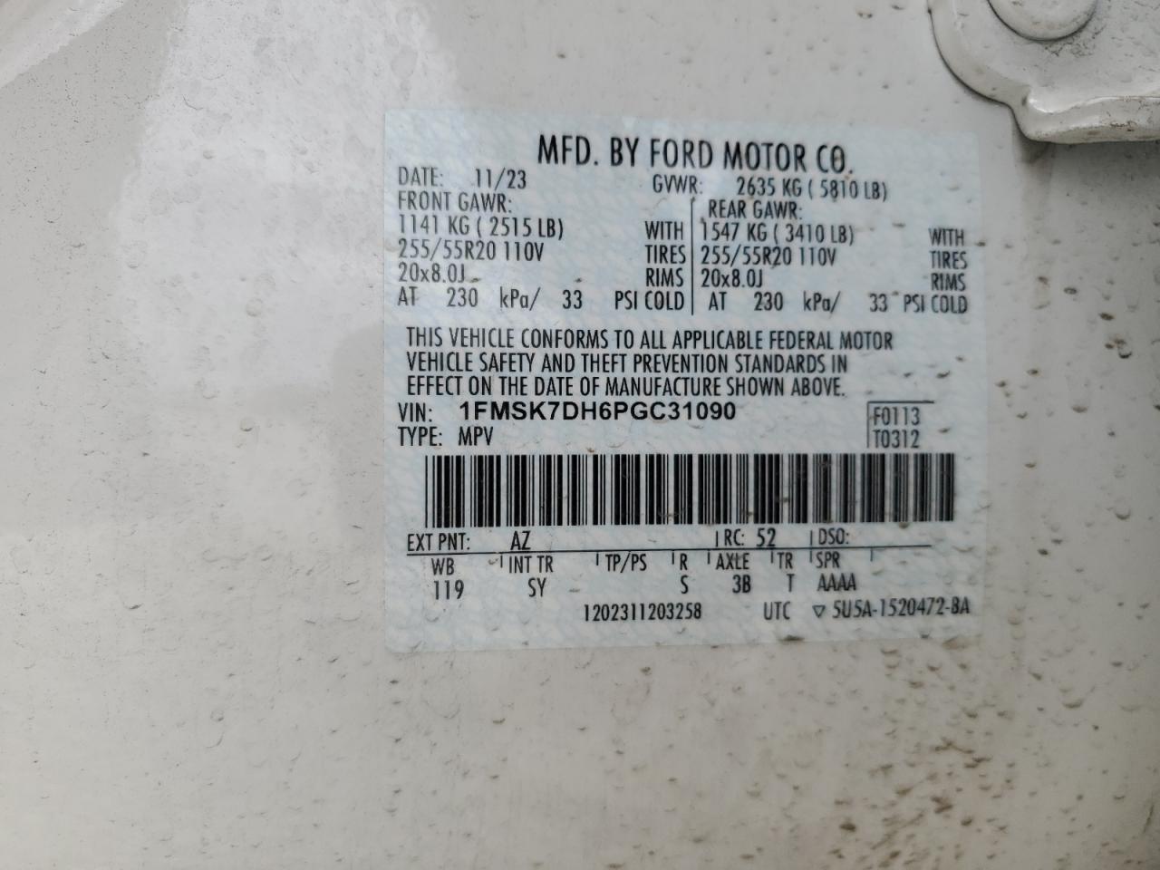 2023 FORD EXPLORER XLT VIN:1FMSK7DH6PGC31090