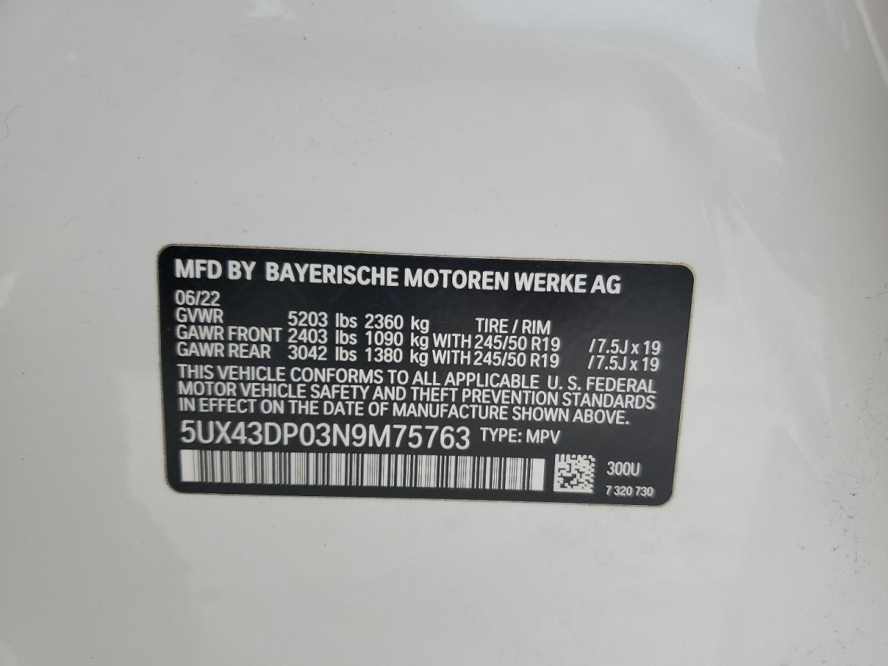 2022 BMW X3 SDRIVE30I VIN:5UX43DP03N9M75763