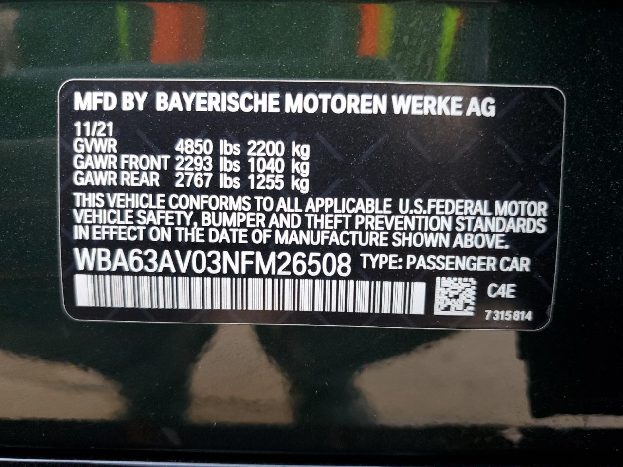 2022 BMW 430I GRAN COUPE VIN:WBA63AV03NFM26508