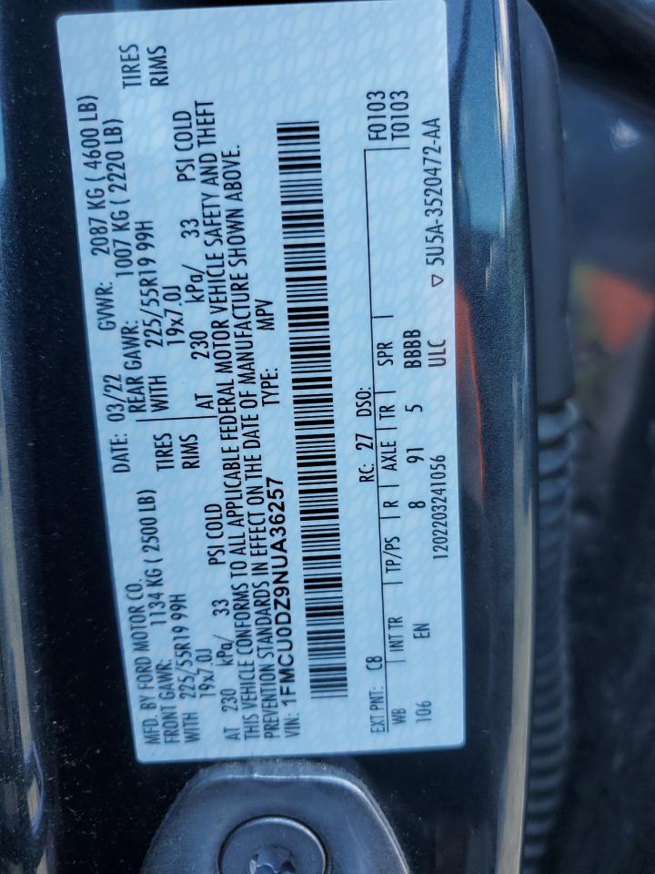 2022 FORD ESCAPE TITANIUM VIN:1FMCU0DZ9NUA36257