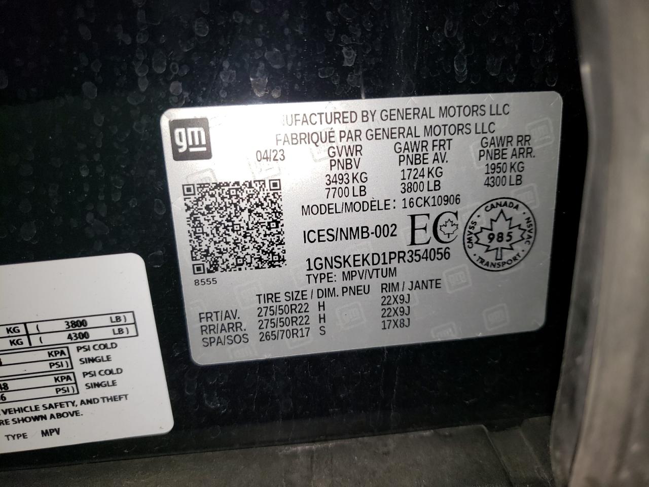 2023 CHEVROLET SUBURBAN K1500 RST VIN:1GNSKEKD1PR354056