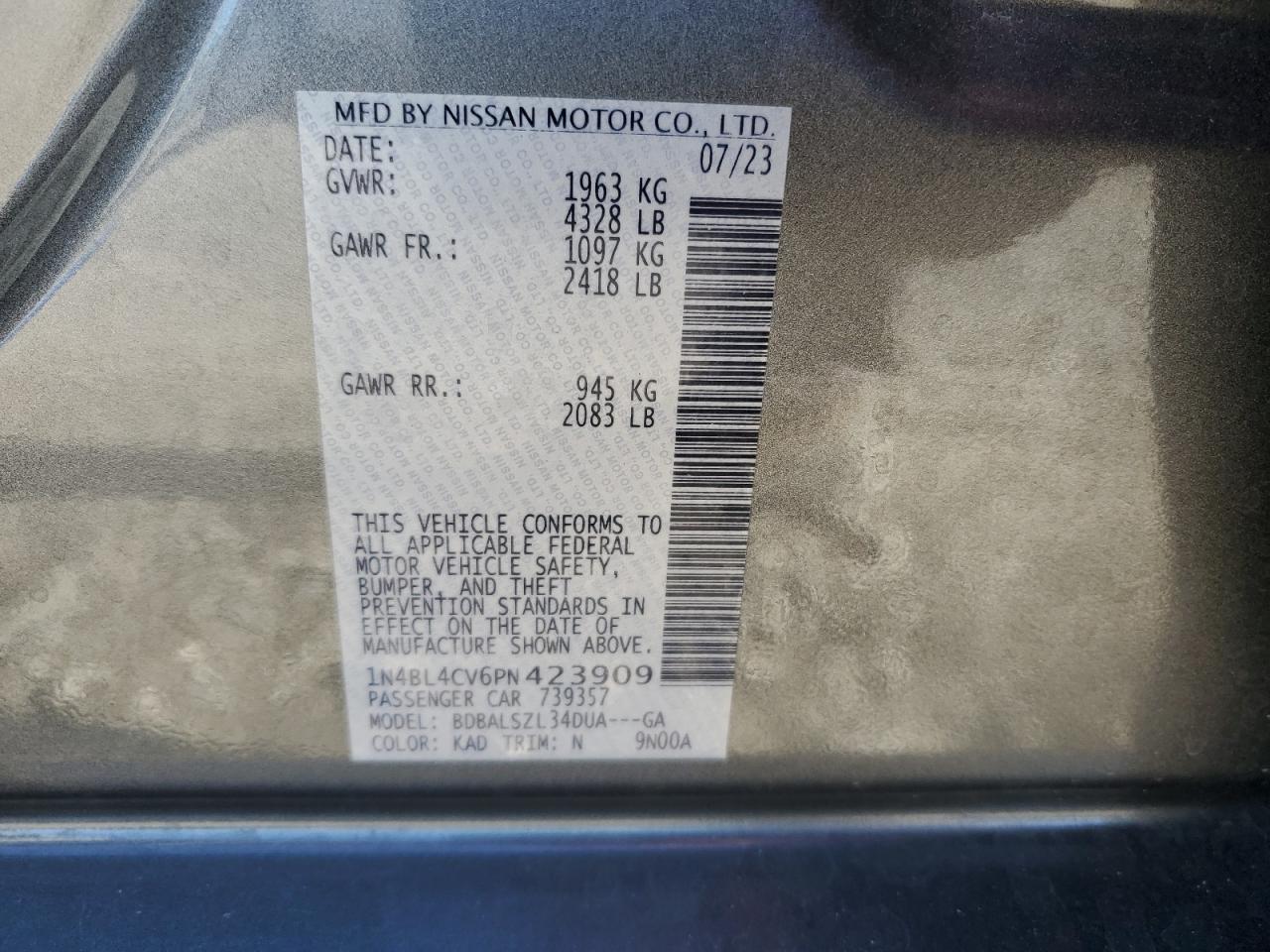 2023 NISSAN ALTIMA SR VIN:1N4BL4CV6PN423909