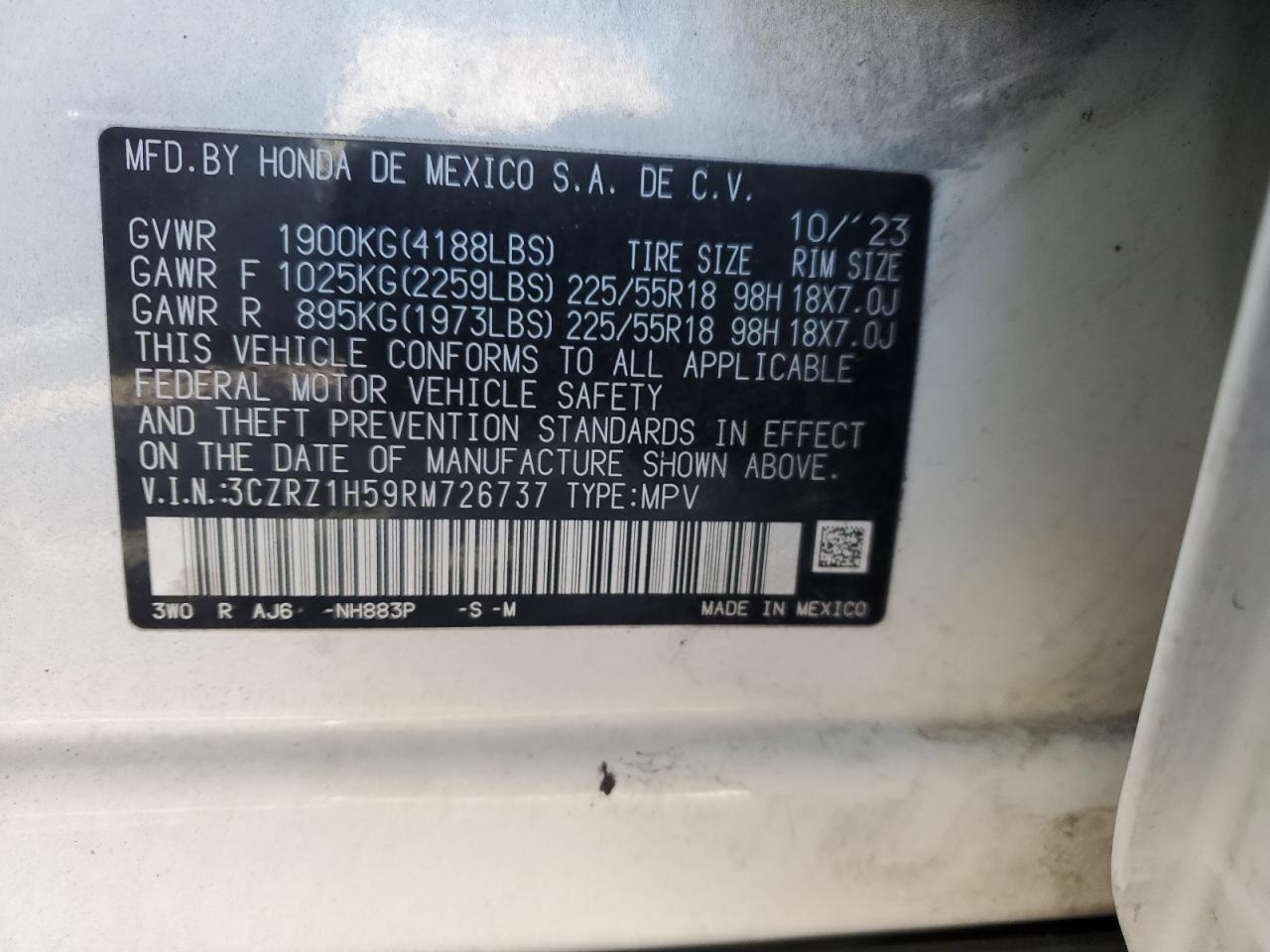 2024 HONDA HR-V SPORT VIN:3CZRZ1H59RM726737