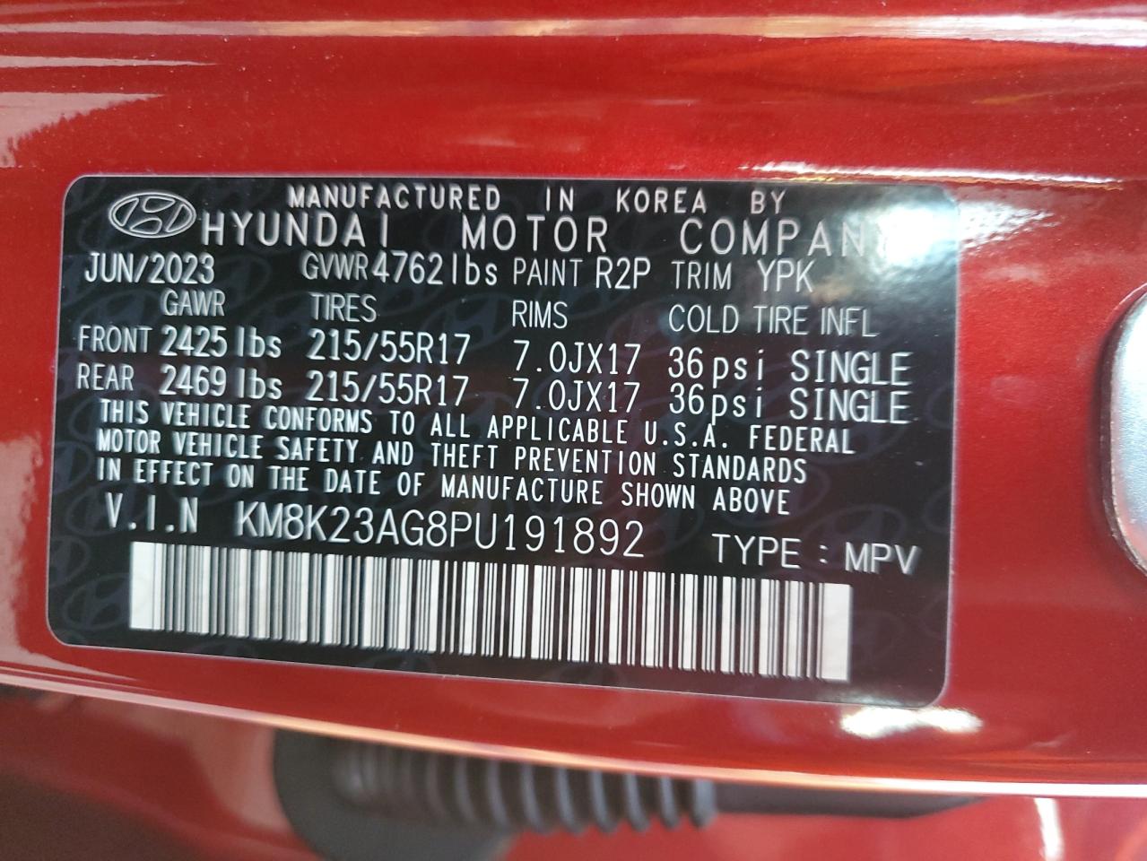 2023 HYUNDAI KONA SE VIN:KM8K23AG8PU191892