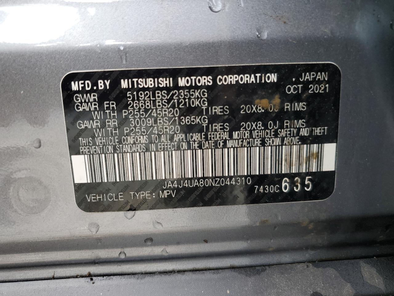 2022 MITSUBISHI OUTLANDER SE VIN:JA4J4UA80NZ044310