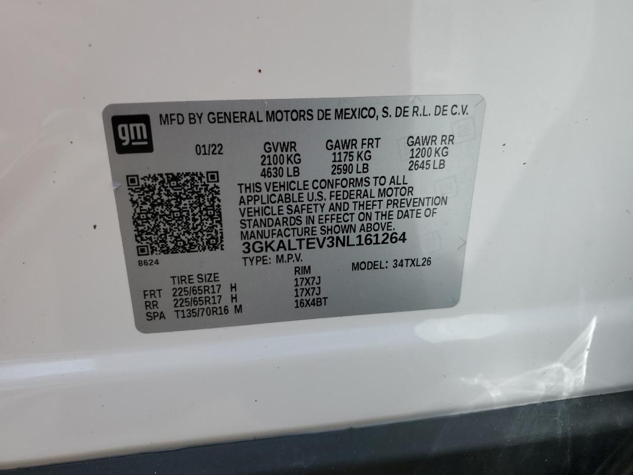 2022 GMC TERRAIN SLE VIN:3GKALTEV3NL161264