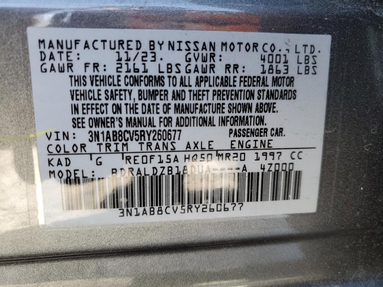 2024 NISSAN SENTRA SV VIN:3N1AB8CV5RY260677