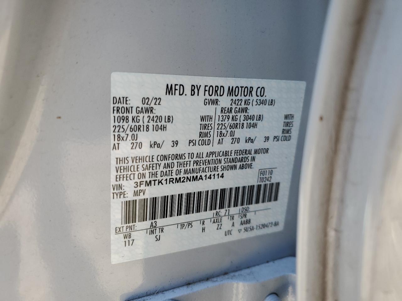 2022 FORD MUSTANG MACH-E SELECT VIN:3FMTK1RM2NMA14114