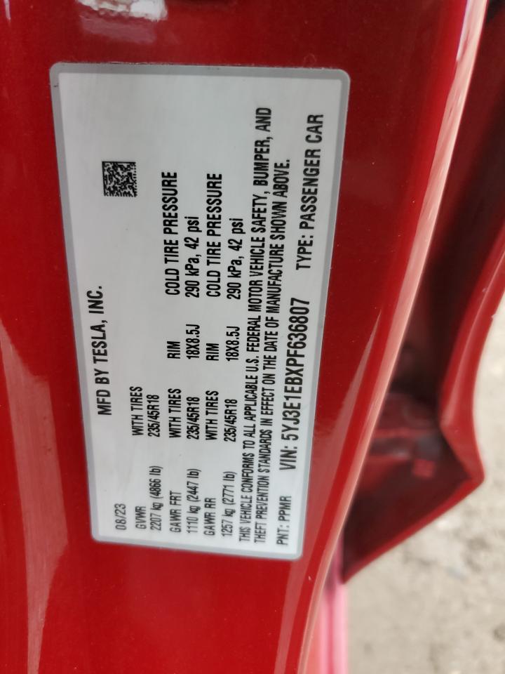 2023 TESLA MODEL 3  VIN:5YJ3E1EBXPF636807