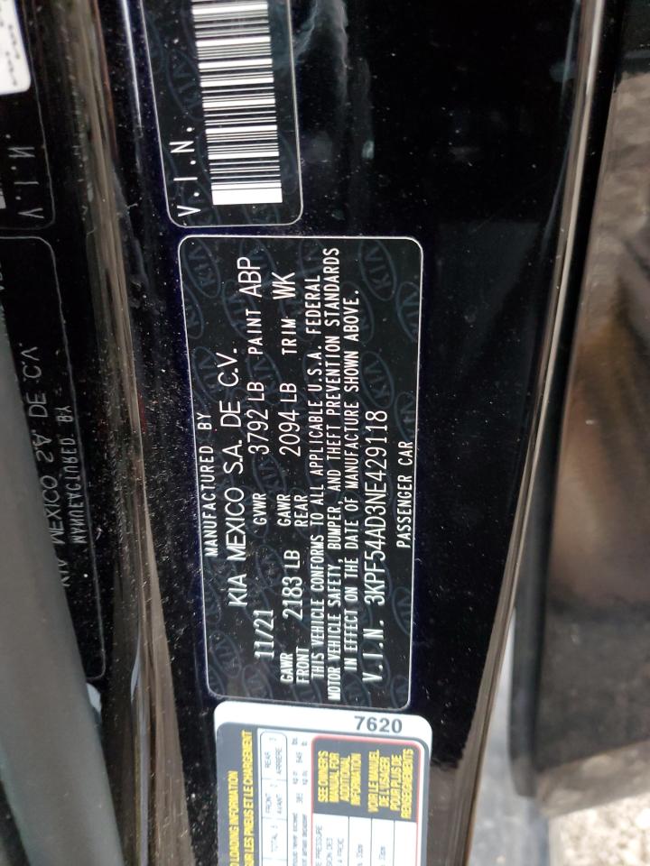 2022 KIA FORTE GT LINE VIN:3KPF54AD3NE429118