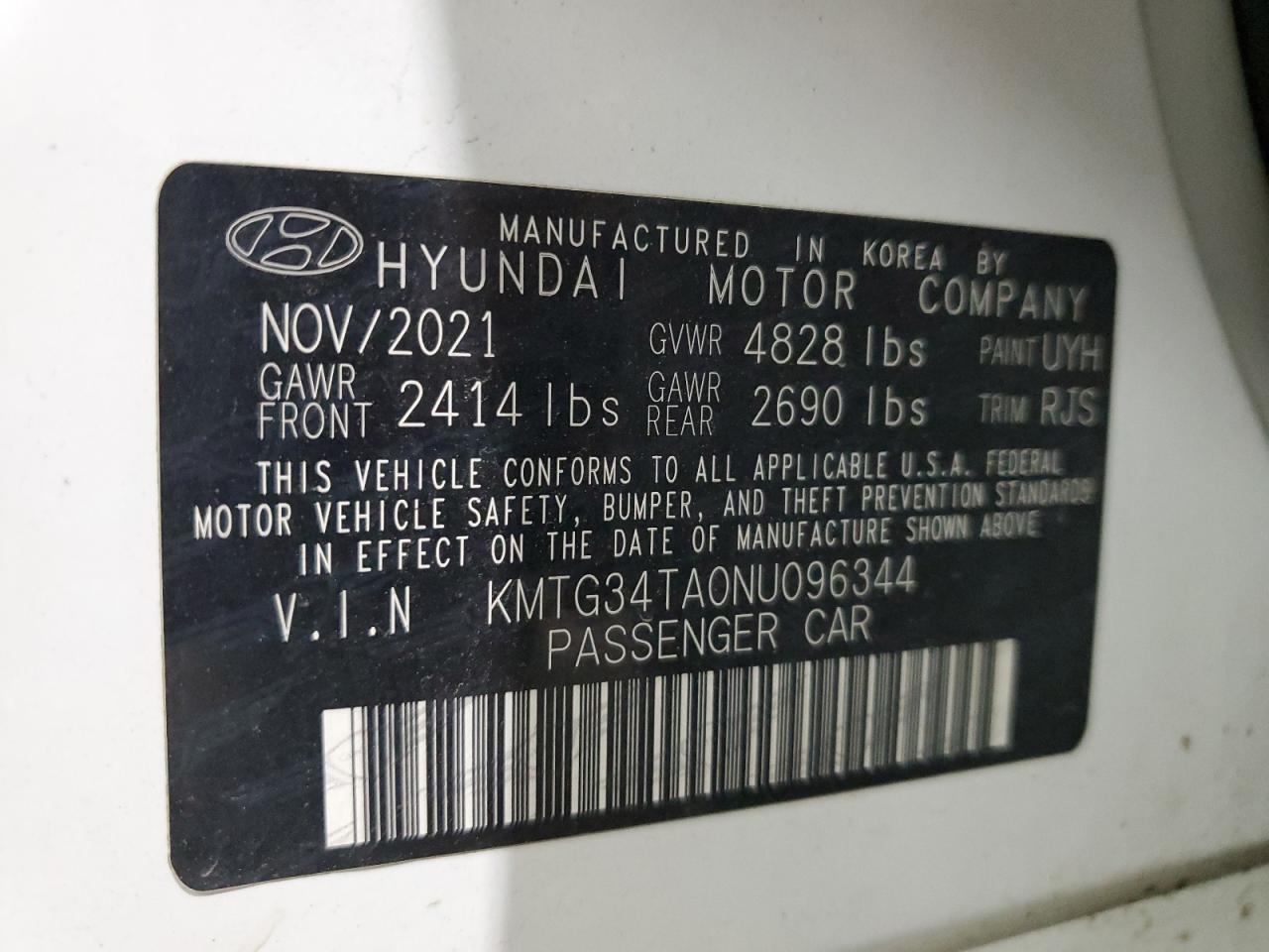 2022 GENESIS G70 BASE VIN:KMTG34TA0NU096344