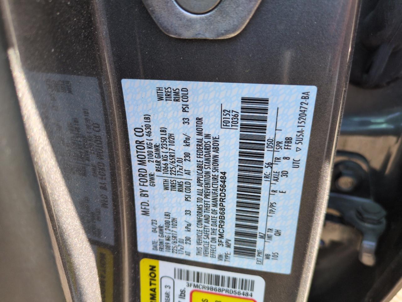 2023 FORD BRONCO SPORT BIG BEND VIN:3FMCR9B68PRD56484