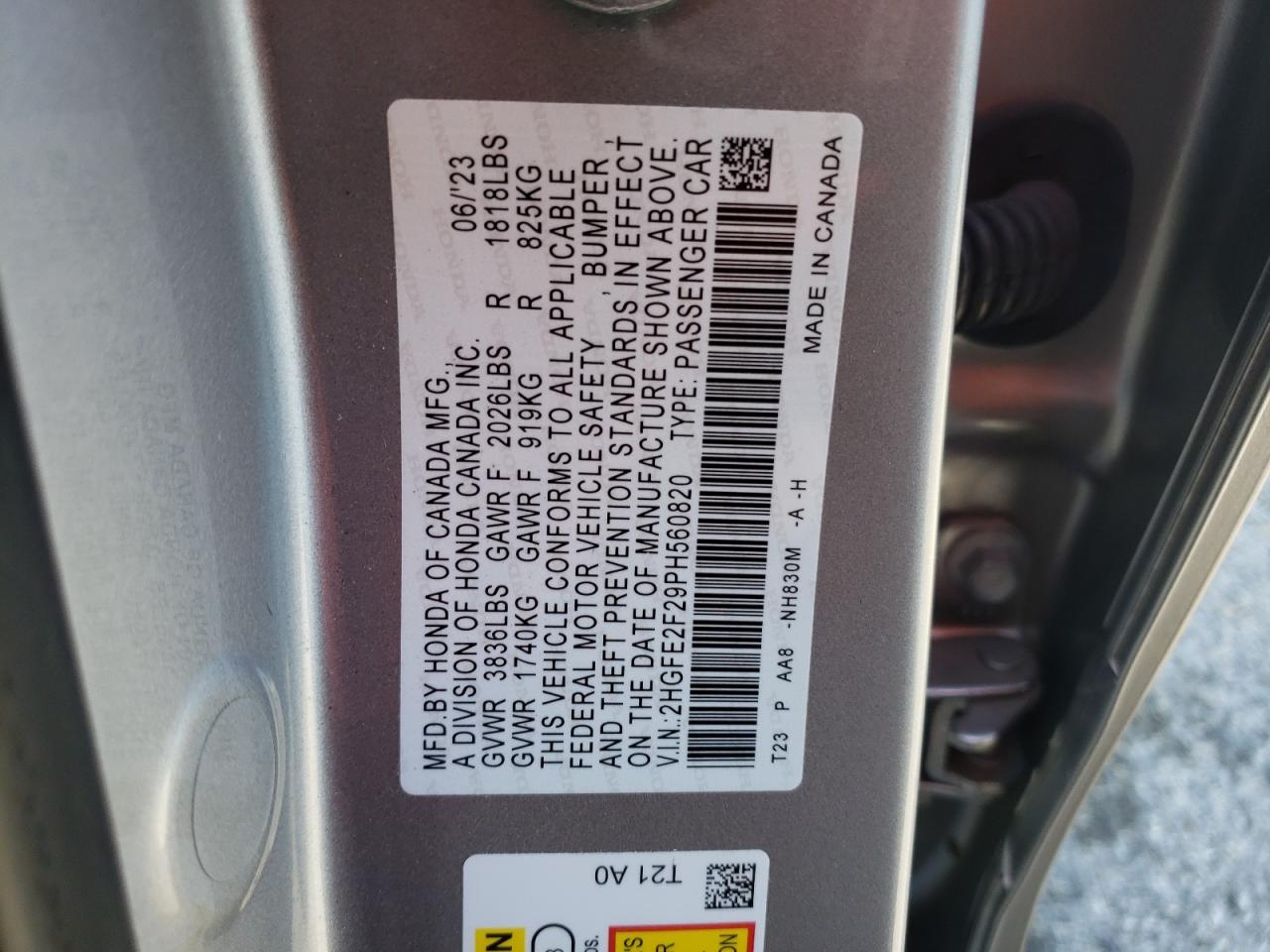 2023 HONDA CIVIC LX VIN:2HGFE2F29PH560820