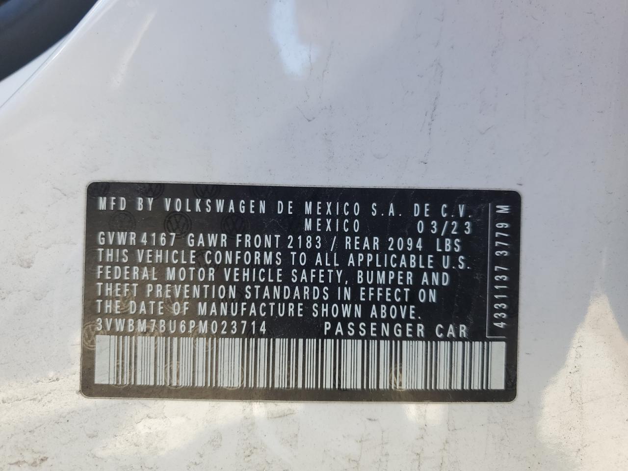 2023 VOLKSWAGEN JETTA SPORT VIN:3VWBM7BU6PM023714