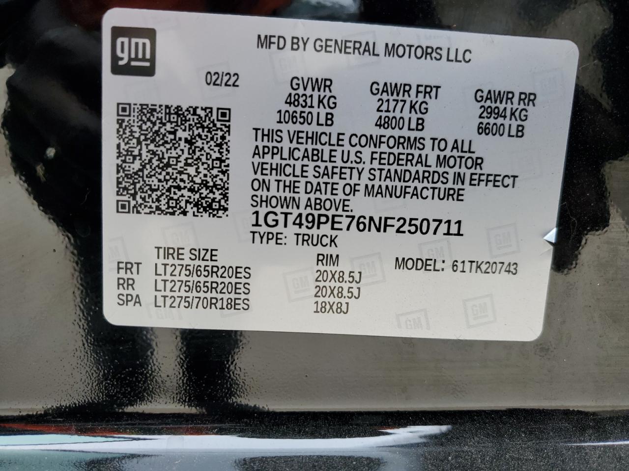 2022 GMC SIERRA K2500 AT4 VIN:1GT49PE76NF250711