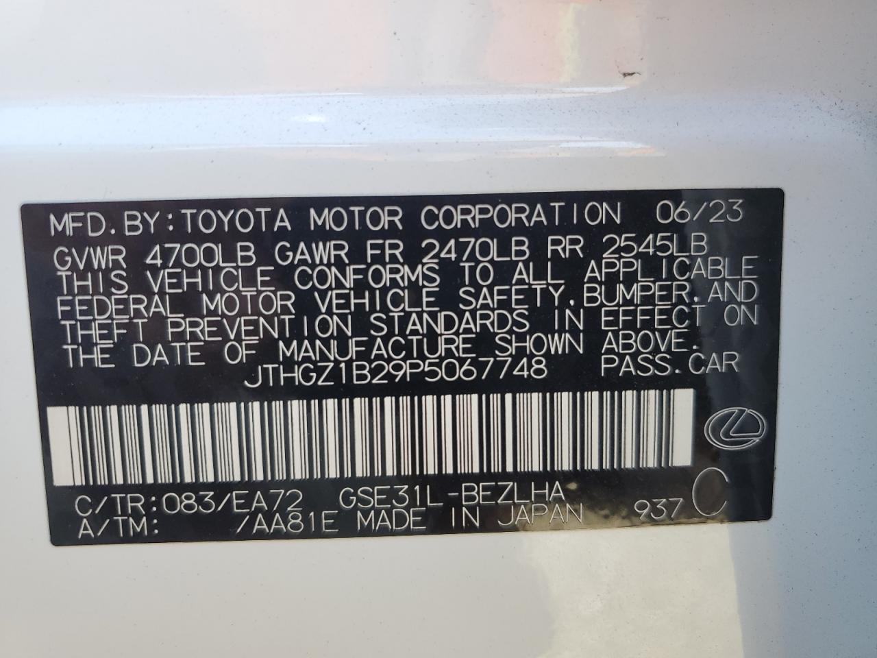 2023 LEXUS IS 350 F SPORT DESIGN VIN:JTHGZ1B29P5067748