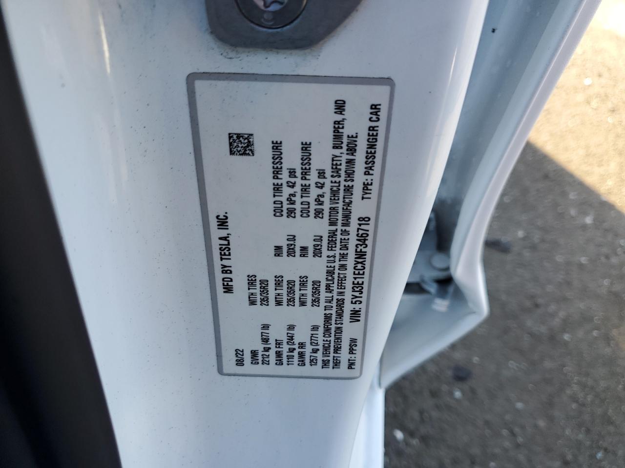 2022 TESLA MODEL 3  VIN:5YJ3E1ECXNF346718
