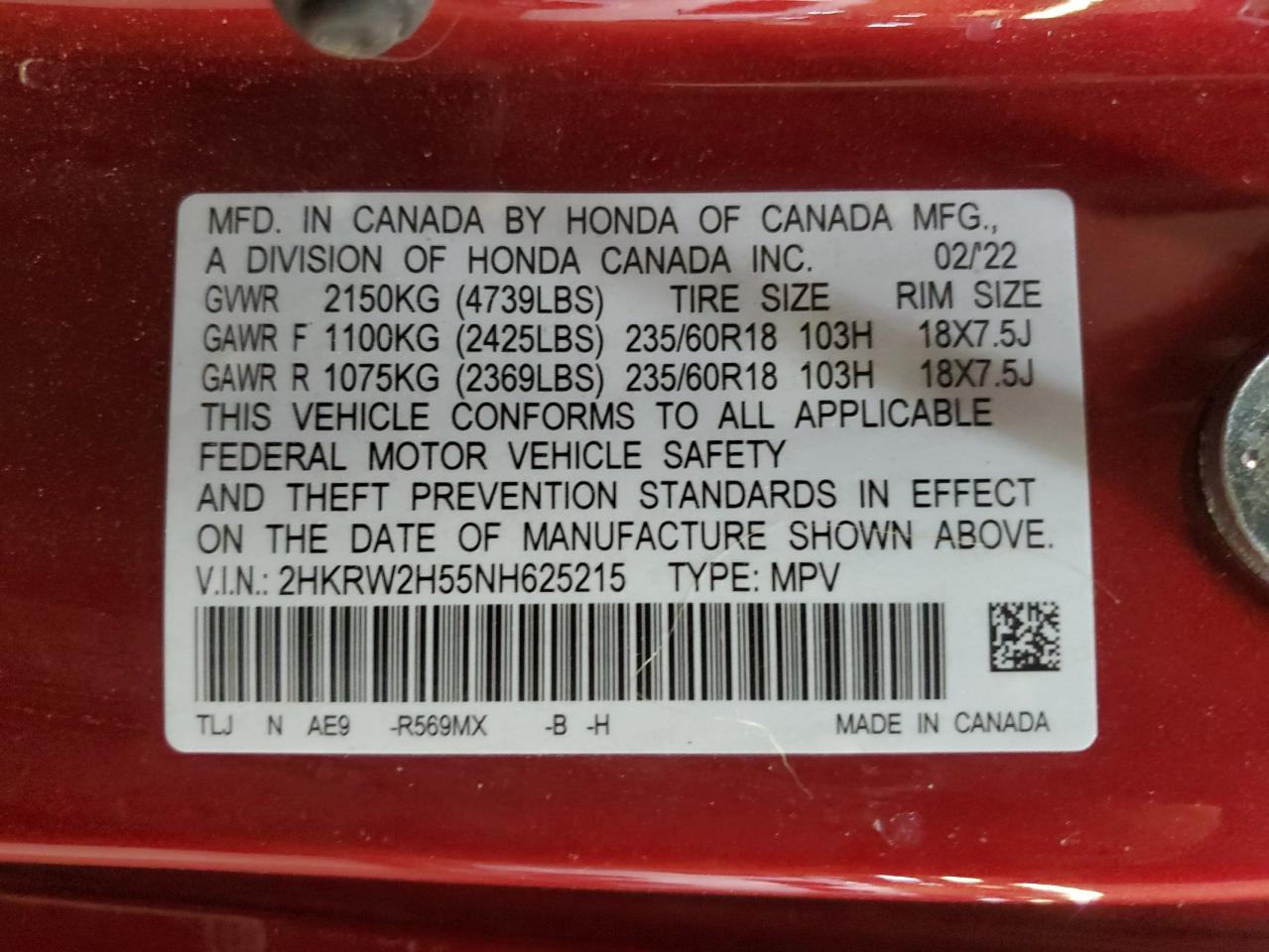 2022 HONDA CR-V EX VIN:2HKRW2H55NH625215