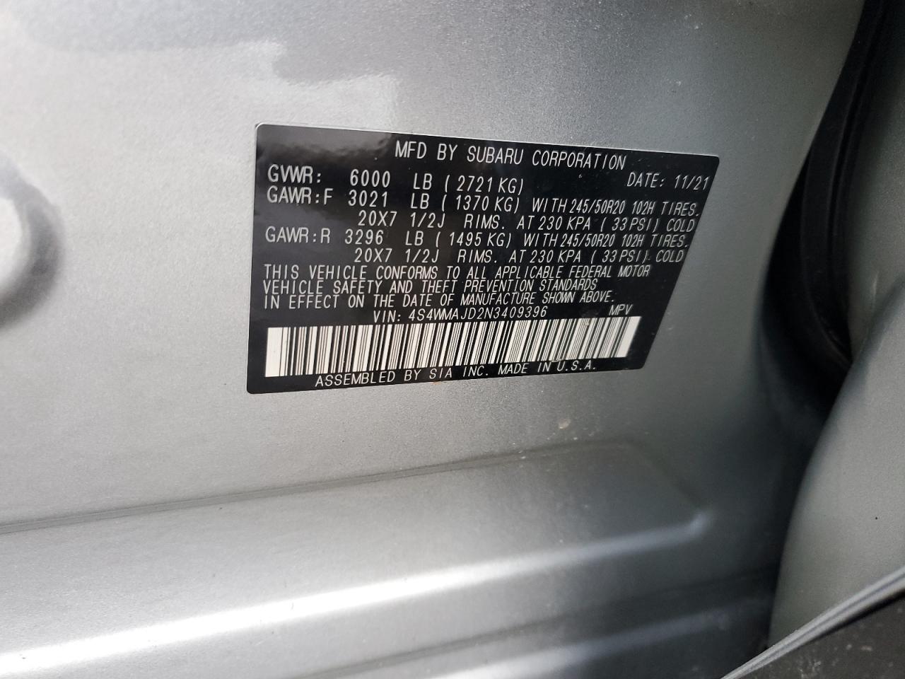 2022 SUBARU ASCENT ONYX EDITION VIN:4S4WMAJD2N3409396