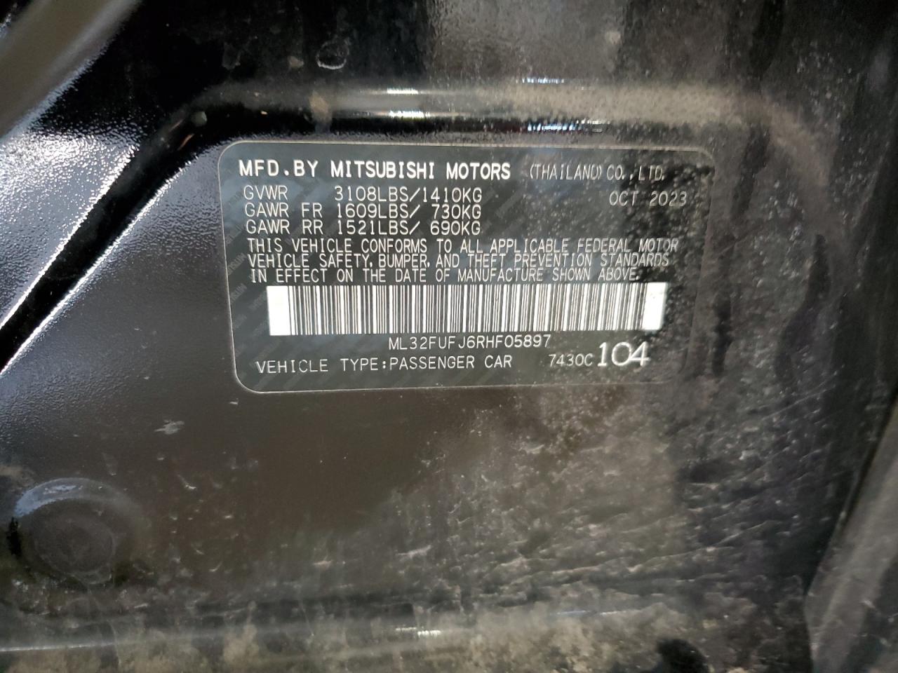 2024 MITSUBISHI MIRAGE G4 ES VIN:ML32FUFJ6RHF05897