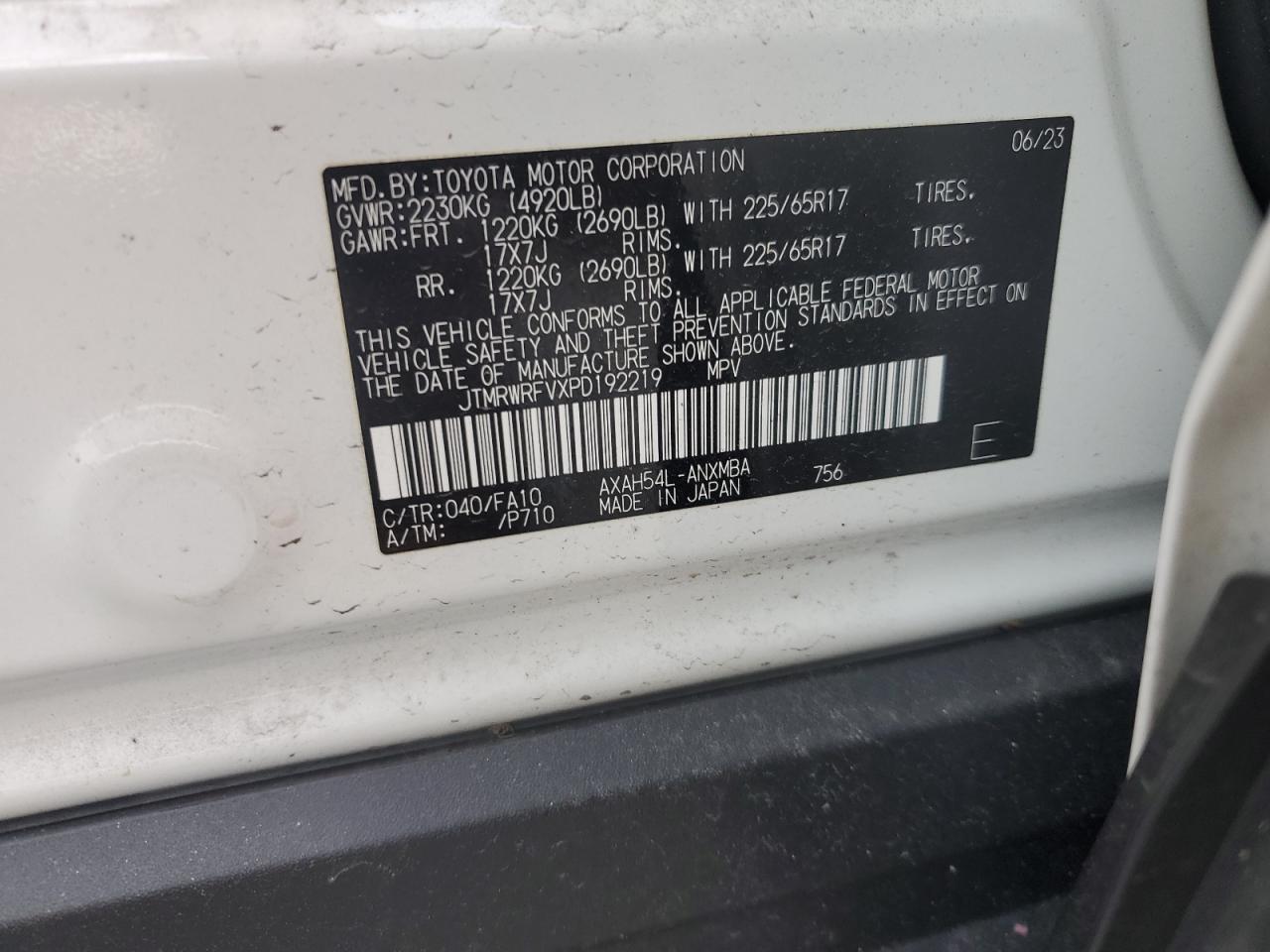 2023 TOYOTA RAV4 XLE VIN:JTMRWRFVXPD192219