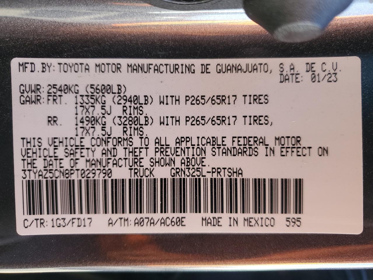 2023 TOYOTA TACOMA DOUBLE CAB VIN:3TYAZ5CN8PT029790