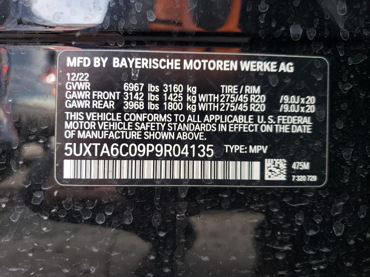 2023 BMW X5 XDRIVE45E VIN:5UXTA6C09P9R04135