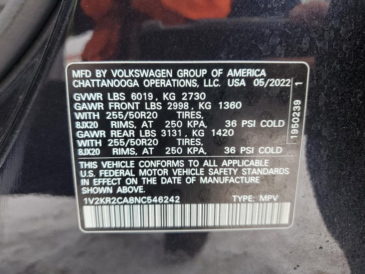 2022 VOLKSWAGEN ATLAS SE VIN:1V2KR2CA8NC546242