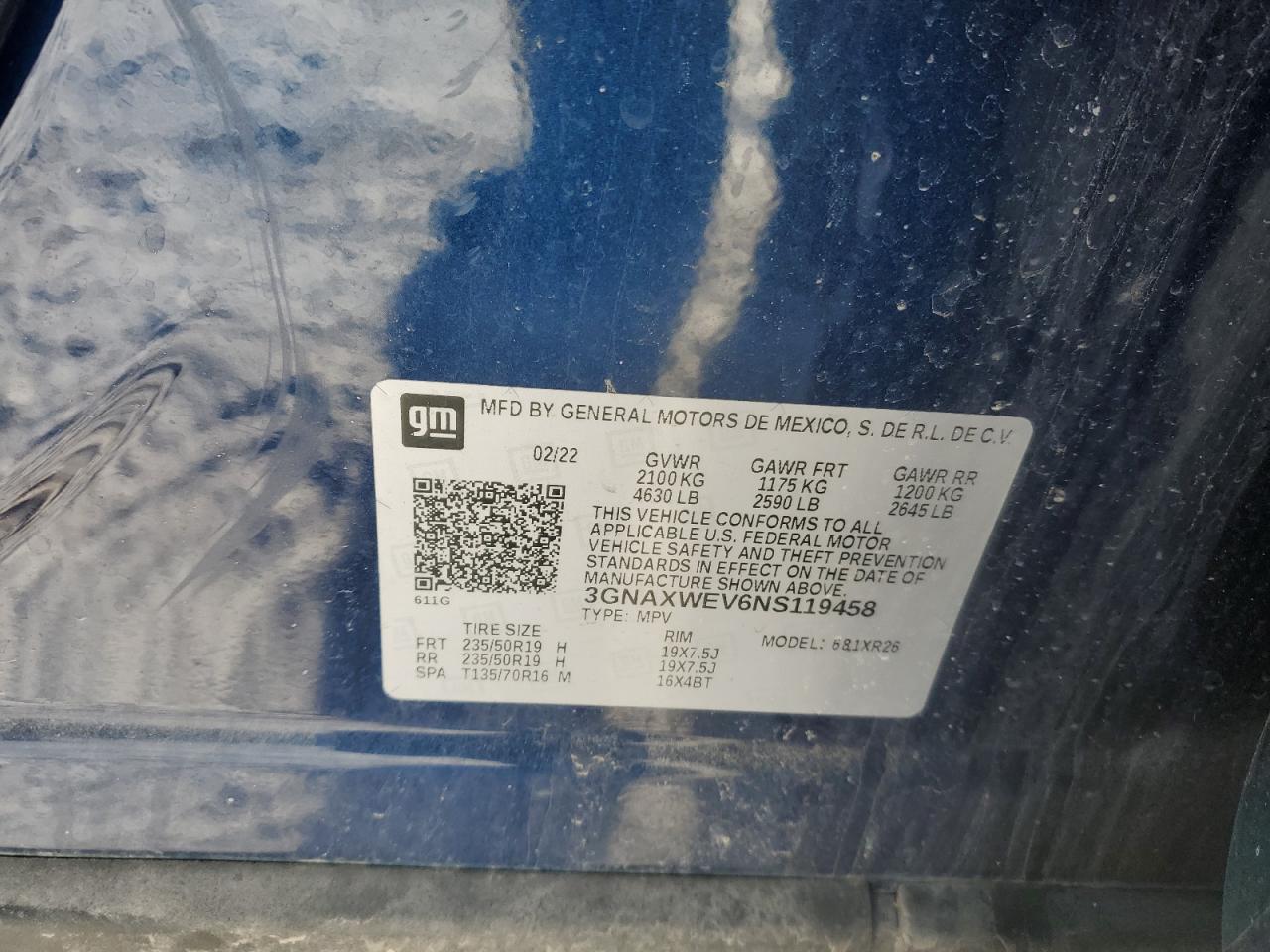 2022 CHEVROLET EQUINOX RS VIN:3GNAXWEV6NS119458