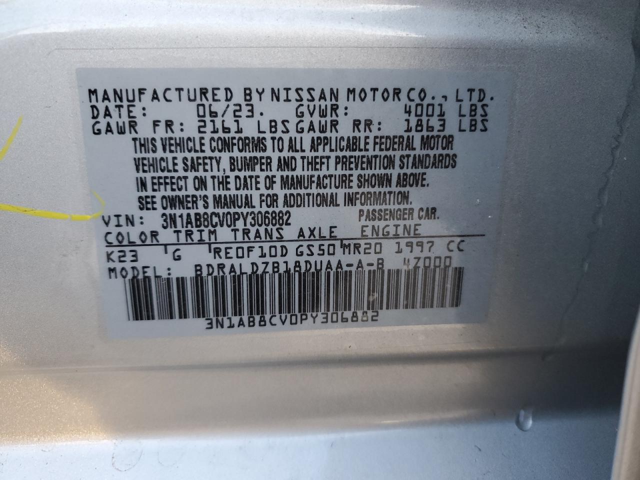 2023 NISSAN SENTRA SV VIN:3N1AB8CV0PY306882